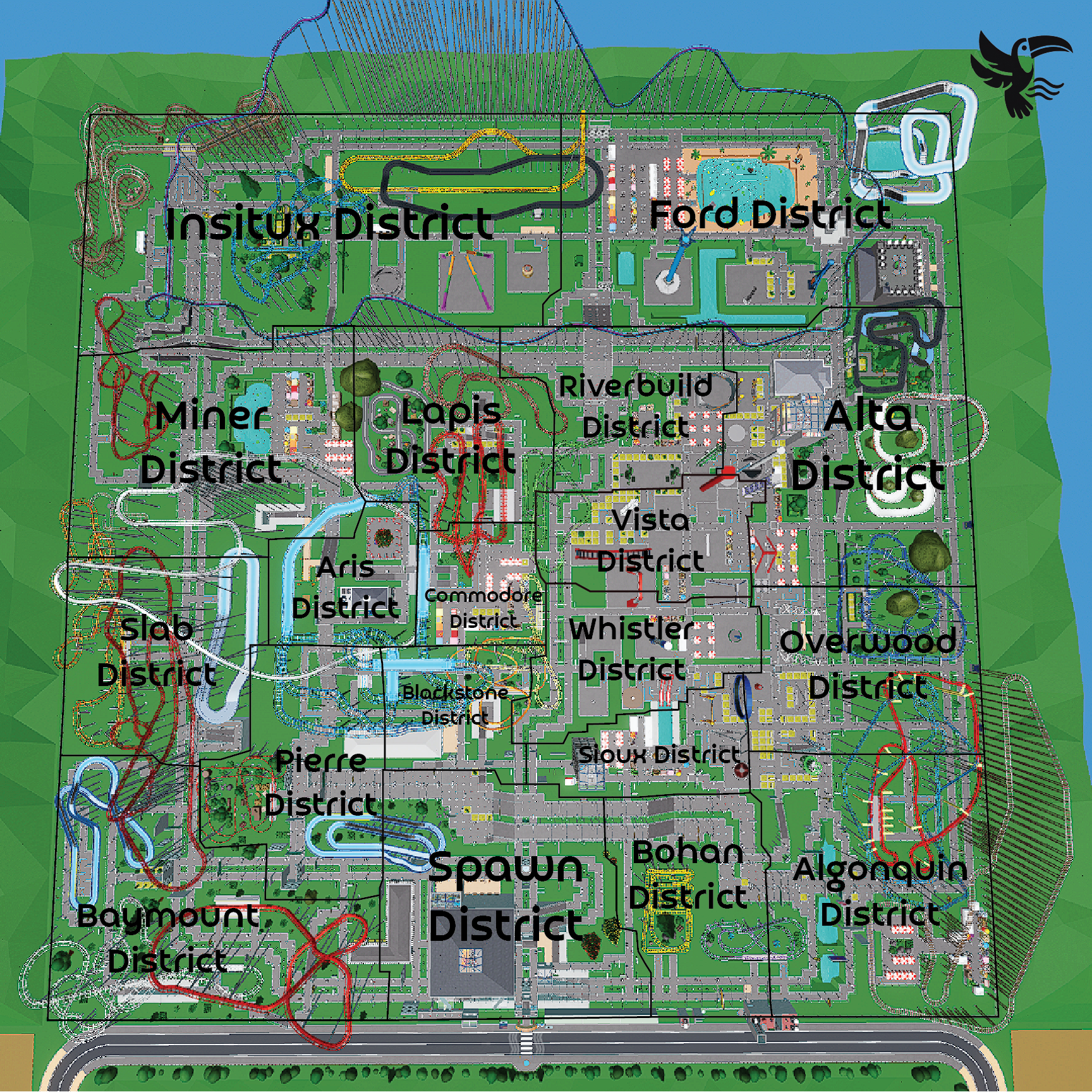 The theme park map included with districts.